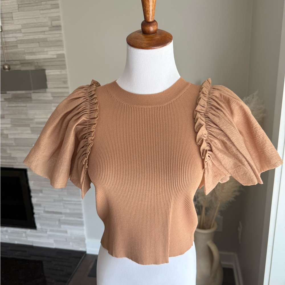 Women's Tan Ruffle Sleeve Top
